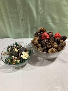 lot 9806 image: Decorated bowls filled with pinecones and artificial dried stuff