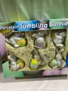 lot 9991 image: 2 Porcelain Tumbling Bunny Rabbits With Easter Eggs