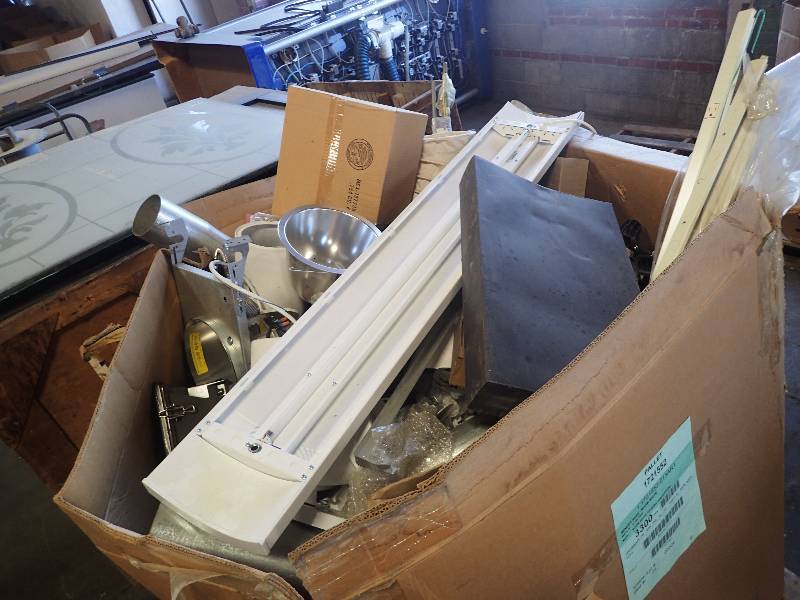 lot 677 image: Large Pallet of Lighting Fixtures, Bolts, Wing-Nuts, and more.