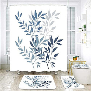 lot 11500 image: Blue 4 Piece Shower Curtain Set Includes Non-Slip Mat, Toilet Seat and U-Pad, Waterproof Shower Curtain with 12 Hooks for Bathroom Decor