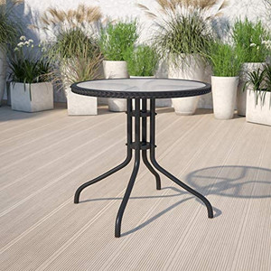 lot 13456 image: Flash Furniture 28 Round Tempered Glass Metal Table with Black Rattan Edging