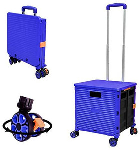 lot 13464 image: Foldable Utility Cart Folding Portable Rolling Crate Handcart with Durable Heavy Duty Plastic Telescoping Handle Collapsible 4 Rotate Wheels for Travel Shopping Moving Luggage Office Use (Blue)