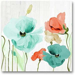 lot 13467 image: Poppies Flowers in Teal and Coral Flower Art Prints Wall Art Watercolor Floral Painting Pictures on Canvas Prints for Living Room Bedroom Home Office Decorations DIY Canvas Prints with Canvas Frame Kit (50 X 50 CM)