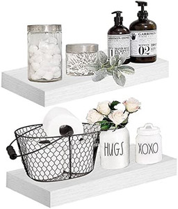lot 13474 image: QEEIG White Floating Shelves for Bathroom Wall Shelf Bedroom Kitchen Living Room Mounted Shelving Set of 2 Small Modern Shelfs 16 inches Long (008-40W)
