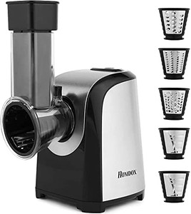 lot 13480 image: Salad machine Electric Slicer Shredder Vegetable Cutter Cheese Grater for Home Kitchen Use with 4 Attachments for Fruits, Vegetables, Potato and Fruit Smoothie, 150W