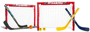 lot 13487 image: Franklin Sports - NHL Kids Folding Hockey Goals Set - (2) Street Hockey & Knee Hockey Goals - (2) Adjustable Youth Hockey Sticks, (2) Knee Hockey Sticks, (2) Mini Hockey Balls  (1) Street Hockey Ball