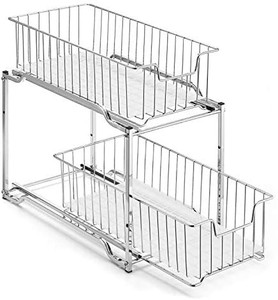 lot 13490 image: Simple Trending Stackable 2-Tier Under Sink Cabinet Organizer with Sliding Storage Drawer, Chrome