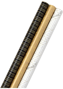 lot 13776 image: Hallmark Premium Wrapping Paper Bundle with Cut Lines on Reverse - Marble, Sparkly Black, Antiqued Marigold (3-Pack 85 sq. ft. ttl.) for Christmas, Graduations, Birthdays, Weddings, Bridal Showers