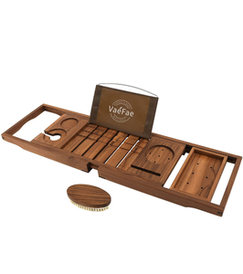 lot 13778 image: Teak Bathtub Tray, Expandable Wooden Bath Tray for Tub with Wine and Book Holder, Solid Bathroom Caddy with Free Teak Body Brush
