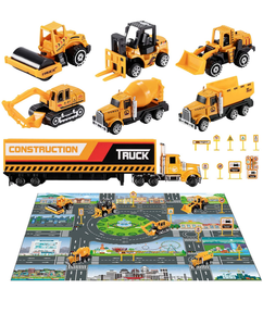 lot 13786 image: TEMI Diecast Engineering Construction Vehicle Toy Set w Play Mat,Truck Carrier,Forklift,Bulldozer,Excavator,Mixer,Dump Truck, Alloy Metal Car Toys Set for 3 4 5 6 Years Old Toddlers Kids Boys & Girls