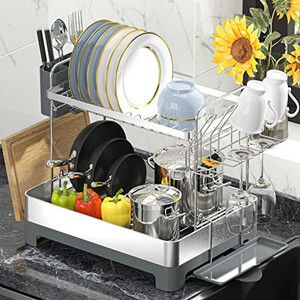 lot 14169 image: Dish Drying Rack, 2-Tier Rack with Large Capacity, Multifunctional Dish Drying Rack with Drainboard, Rust-Resistant and Durable with 360° Drainer Set with Cutting Board Shelf, Tool-Free Installation �� �� �� �� �� �� ��