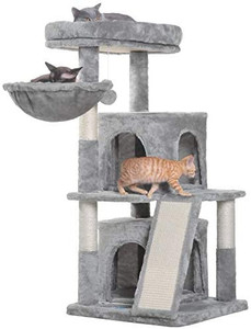 lot 14493 image: Hey-brother 41.34 inches Cat Tree with Scratching Board, 2 Luxury Condos, Cat Tower with Padded Plush Perch and Cozy Basket, Light Gray MPJ004W