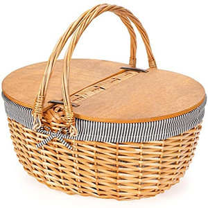 lot 14495 image: Wicker Picnic Basket with Liner, Wooden Split Lid Picnic Basket, Vintage-Style Picnic Hamper with Folding Woven Handle for Picnic, Camping, Outdoor, Valentine Day, Thanks Giving, Birthday (Grey)