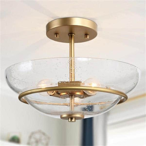 lot 14500 image: Camila 3-Light Brass Gold Semi-Flush Mount Modern Ceiling Light with Seeded Glass Shade