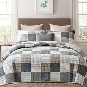lot 14509 image: Finlonte Quilt Bedspread Sets - Cotton Grey Black Brown Plaid Patchwork Quilt Bedding Set, 3 Pieces Reversible Lightweight Quilted Coverlet Bed Decor for All Season, king