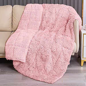lot 14512 image: Faux Fur Weighted Blanket for Adults 15lbs, Pawque Warm Fuzzy Sherpa Weighted Throw, Super Soft Breathable Shaggy Faux Fur Blanket for Bed Sofa Couch, 48 x 72 inches, Baby Pink