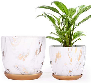 lot 15006 image: Ceramic Planters (7 and 5.5, Set of 2), Modern Flower Pots, Gold Marble Gardening Pots with Drainage Hole and Saucer for Outdoor, Indoor, Patio, Garden, Office, Decoration