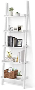 lot 16867 image: Tangkula 5-Tier Ladder Shelf, Open Shelves Wall Mounted Bookshelf, Plant Flower Stand, Storage Organizer Shelf, Multifunctional Bookshelf for Living Room, Home Office (White) (NOT EXZACT, SIMILAR TO