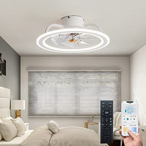 lot 16959 image: 2022 Upgraded White Modern Indoor Flush Mount Ceiling Fan with Lights, Remote & APP Control Low Profile Bladeless Ceiling Fans for Bedroom Living Room Small Space (Not Exact, Similar To)
