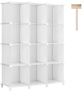 lot 16966 image: Puroma Cube Storage Organizer 12-Cube Closet Storage Shelves with Wooden Mallet DIY Closet Cabinet Bookshelf Plastic Square Organizer Shelving for Home, Office, Bedroom - White