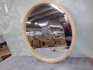 lot 16973 image: As new modern circular shaped wall mounted mirror with ash frame. 80cm Diam x 4cm D