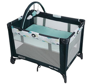 lot 2167 image: Graco Pack and Play On the Go Playard  Includes Full-Size Infant Bassinet, Push Button Compact Fold, Stratus ,