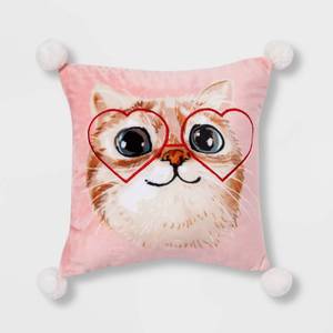 lot 2206 image: Kitty Valentines Day Square Throw Pillow Pink - Spritz