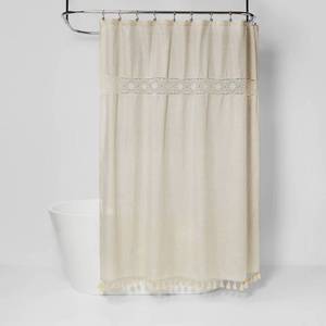 lot 2210 image: Solid Crochet with Tassels Shower Curtain Tan - Opalhouse