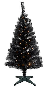 lot 4956 image: Juegoal Pre-Lit Artificial Halloween Christmas Tree, 4 FT Lighted Black Tinsel Xmas Pine Trees with 50 LEDs Lights
