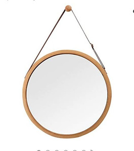 lot 6676 image: Hanging Round Wall Mirror Solid Bamboo Frame & Adjustable Leather Strap