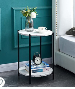 lot 6965 image: Urraca White Marble Side End Table 2-Tier Round