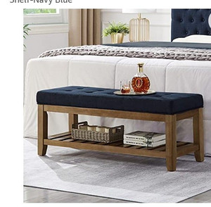 lot 7111 image: Wemart home decor,Large Rectangular Upholstered Tufted Linen Fabric Ottoman Bench,Navy Blue