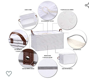 lot 7113 image: Hinwo 2-Pack Extra Large Canvas Fabric Storage Baskets with Handles, 70L Oversized Storage Bins, Collapsible Storage, 22 x 15 x 13 inches, (Grey Stripe)