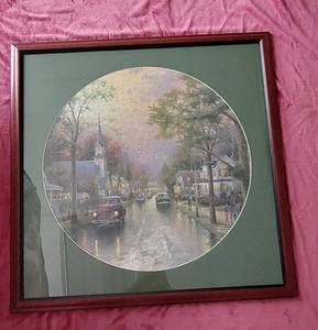 lot 32631 image: Framed Thomas Kincaid Puzzle Art, 31 x 31.5