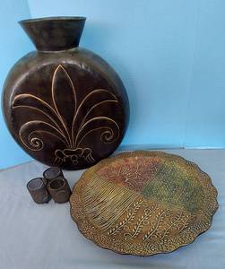 lot 32774 image: Very Large Metal Vase, Plate & Candle holders