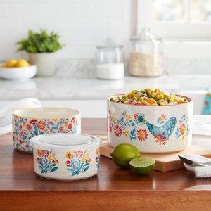 lot 3099 image: The Pioneer Woman Mazie 6-Piece Round Ceramic Nesting Container Bowl Set, Assorted Sizes