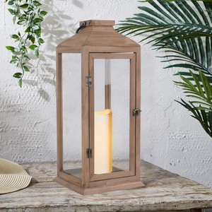 lot 3140 image: Better Homes & Gardens 18.6 Battery Operated Outdoor Natural Wood and Glass Lantern with Removable Candle