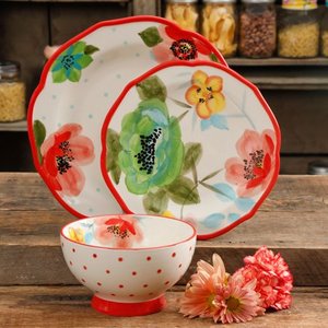 lot 3141 image: The Pioneer Woman Vintage Bloom 12-Piece Dinnerware Set, Red
