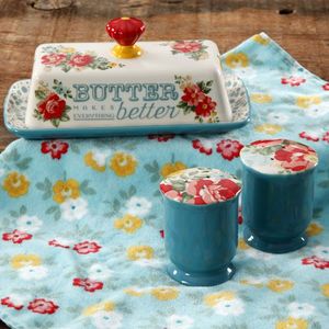 lot 3143 image: The Pioneer Woman Vintage Floral Salt and Pepper and Butter Dish Set