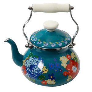 lot 3146 image: The Pioneer Woman Dazzling Dahlias Enamel on Steel 2 Quart Tea Kettle, Teal