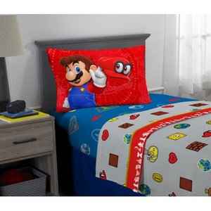lot 3556 image: Super Mario Odyssey Kids Super Soft Microfiber Bedding Sheet Set, Gray and Blue
