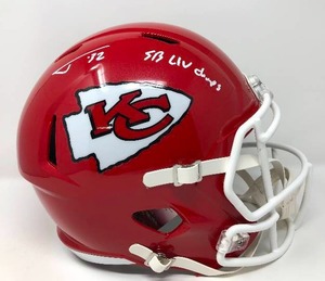 lot 1 image: Full Sized Tyrann Mathieu Kansas City Chiefs Football Helmet with SB LIV Champs Inscription and James Spence Witnessed Authentication