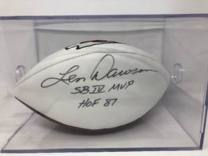 lot 13 image: Signed Len Dawson, Bobby Bell, and Willie Lanier Hall of Famers White Panel Kansas City Chiefs Logo with James Spence Authentication