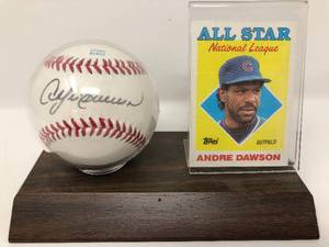 lot 29 image: Signed Andre Dawson Baseball in AcrylicWooden Stand with 1988 Topps All-Star