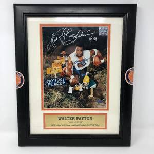 lot 37 image: Signed Walter Payton Sweetness 8x10 Photograph in Frame with Metal Inscribed Plaque with Two Certificates of Authenticity