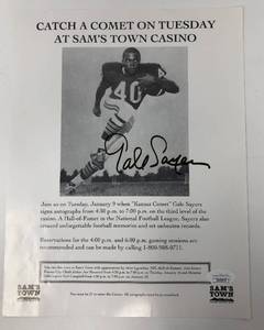 lot 54 image: Signed Gale Sayers Chicago Bears 8x10 Sams Town Flyer with James Spence Authentication