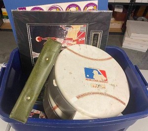 lot 129 image: Tub Full of Sports (Basketball, Baseball, Football) Cards, Books, Photographs, Figures, & Uncut Sheets & More Memorabilia - Sets, Special Baseball Card Holders - Lots of Pictures