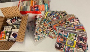 lot 149 image: Two Boxes and Huge Lot of Pages of Sports Cards - Baseball, Football, Basketball - Approximately 3,000 Cards