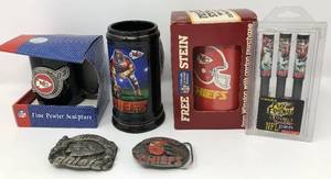 lot 78 image: Collection of Kansas City Chiefs Memorabilia - Coffee Cup, Glass, Belt Buckles, Pens