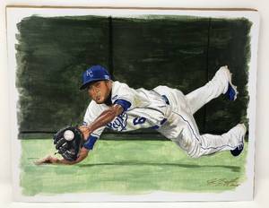 lot 83 image: Lorenzo Cain Kansas City Royals 11x14 Lithograph Signed By Artist Scott Burkett with ABS Sports Art
